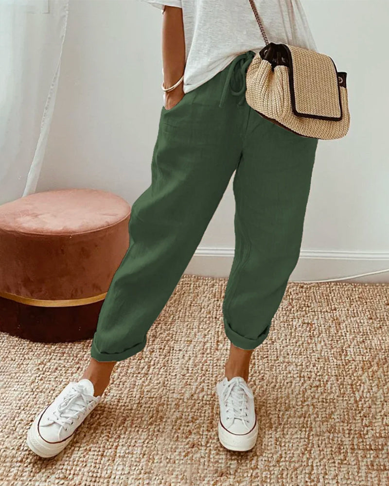 Calça reta de cintura com cordão e bolsos laterais — Bene Donna — imagem 05