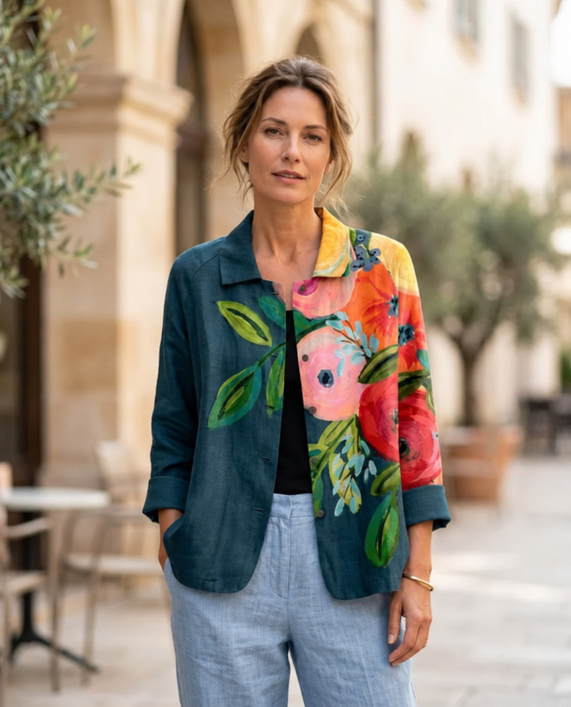 Camisa de estampa artística de flores com bolsos — Bene Donna — imagem 01