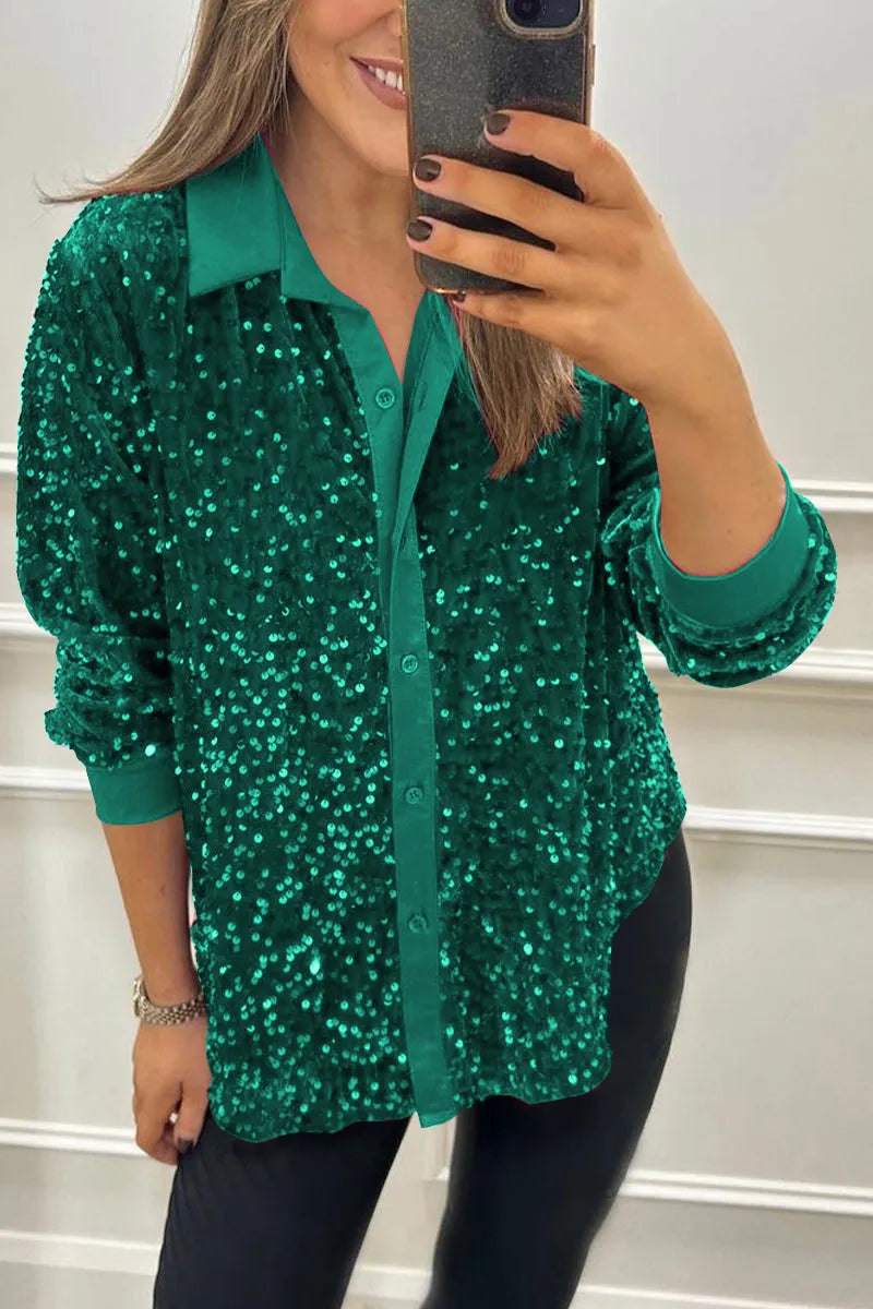 Camisa de paetês com gola clássica e botões — Bene Donna — imagem 02