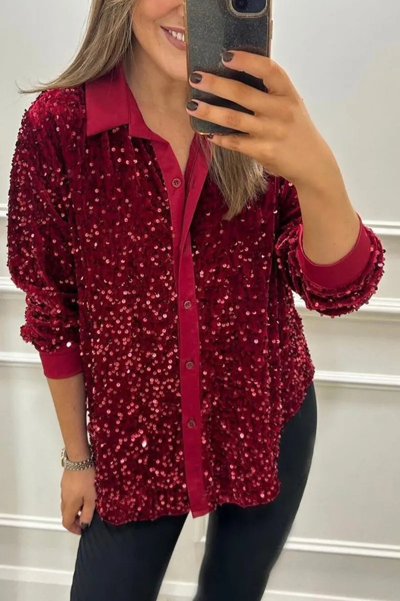Camisa de paetês com gola clássica e botões — Bene Donna — imagem 03