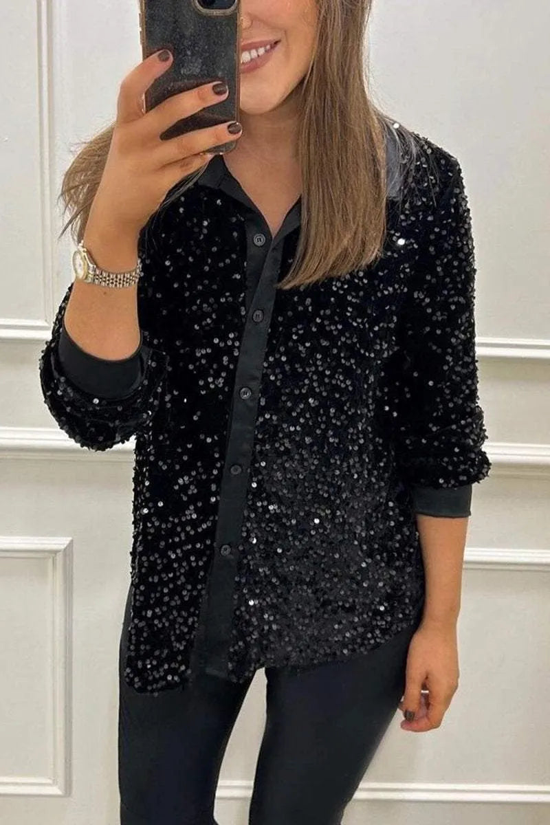 Camisa de paetês com gola clássica e botões — Bene Donna — imagem 07