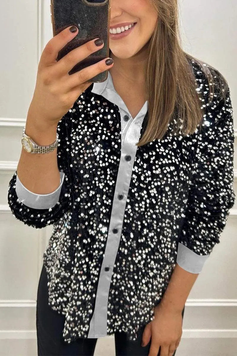 Camisa de paetês com gola clássica e botões — Bene Donna — imagem 08