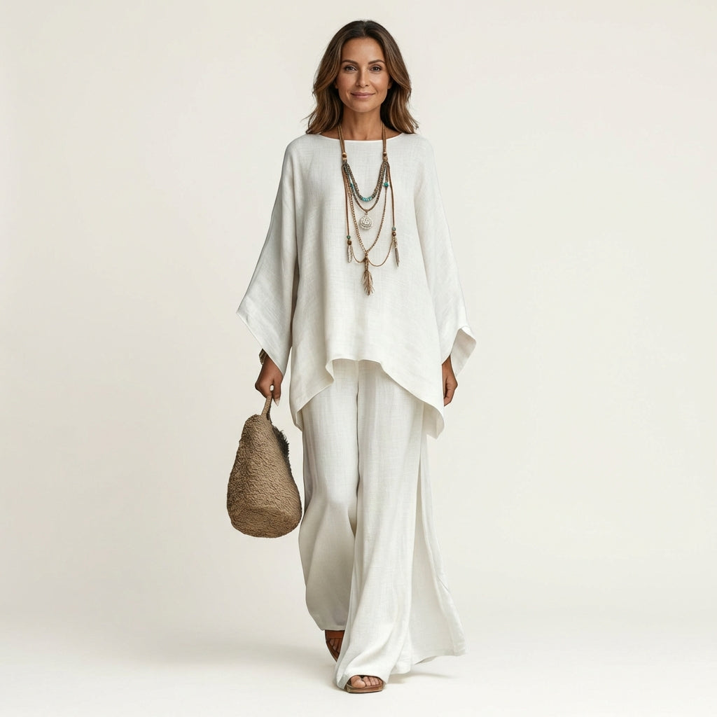 Conjunto de blusa assimétrica fluida e calça de pernas amplas — Bene Donna — imagem 01