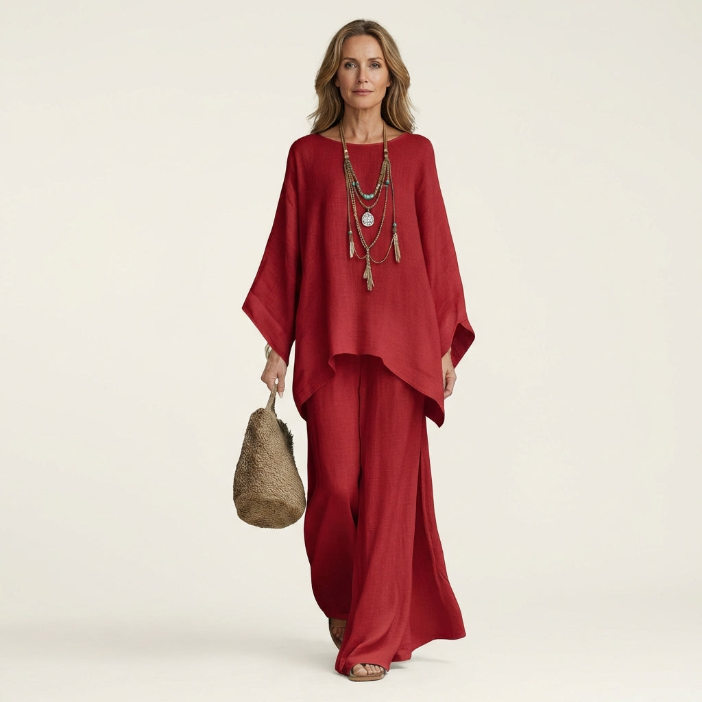 Conjunto de blusa assimétrica fluida e calça de pernas amplas — Bene Donna — imagem 05
