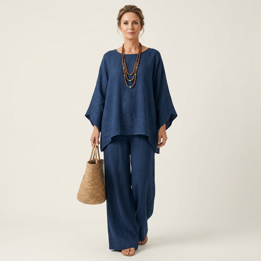 Conjunto de blusa assimétrica fluida e calça de pernas amplas — Bene Donna — imagem 07