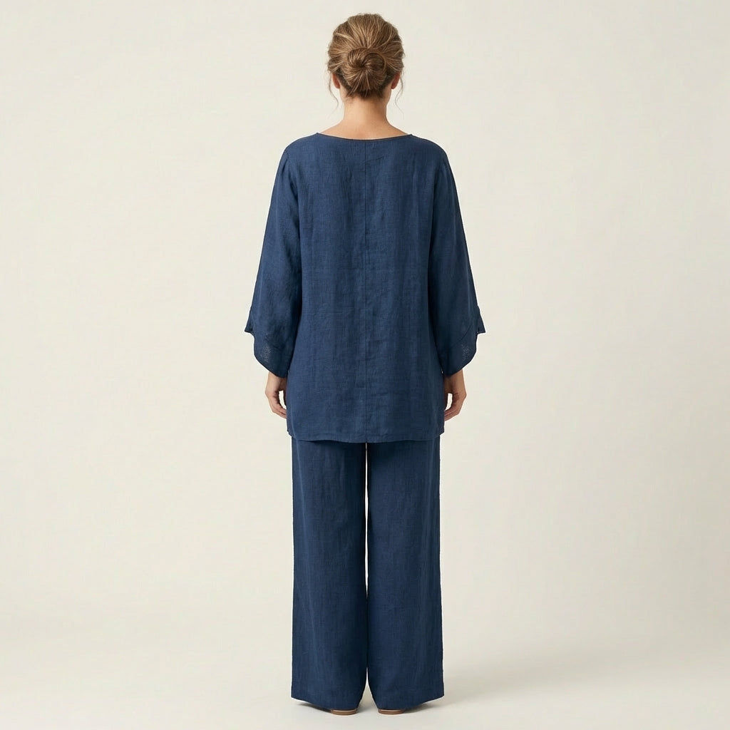 Conjunto de blusa assimétrica fluida e calça de pernas amplas — Bene Donna — imagem 08