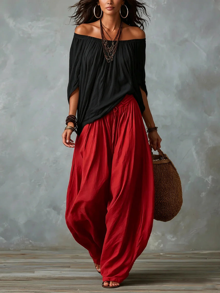 Conjunto de blusa assimétrica ombro a ombro e calça ampla — Bene Donna — imagem 03