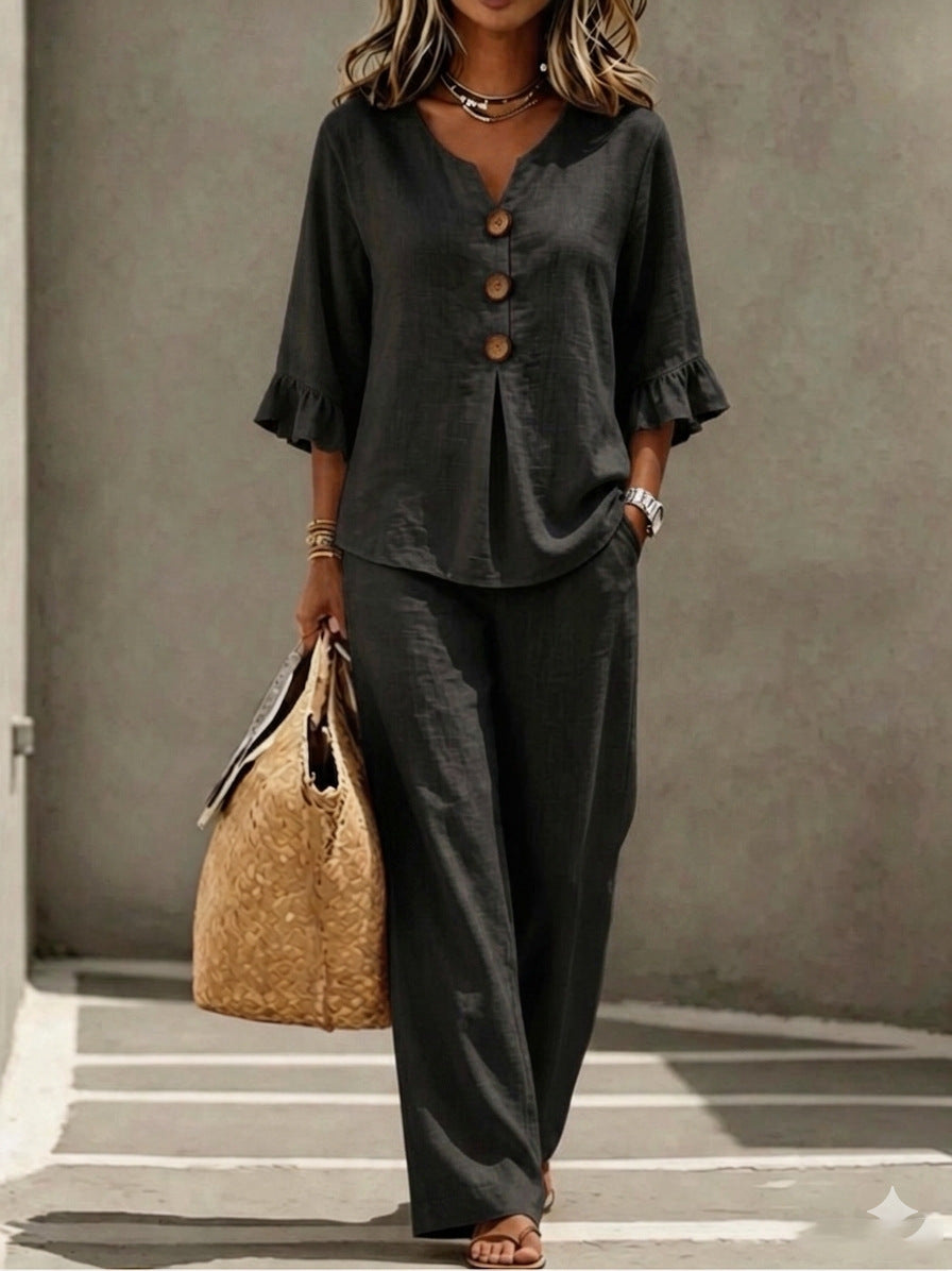 Conjunto de blusa com mangas de babados e pantalona — Bene Donna — imagem 04