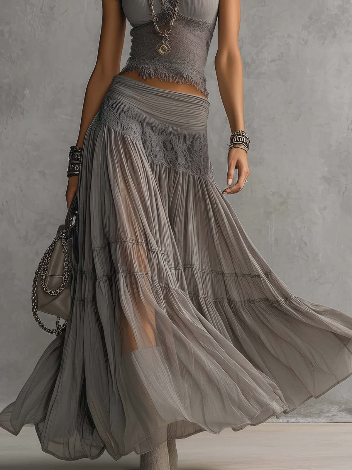 Conjunto de blusa com renda e saia longa plissada — Bene Donna — imagem 04