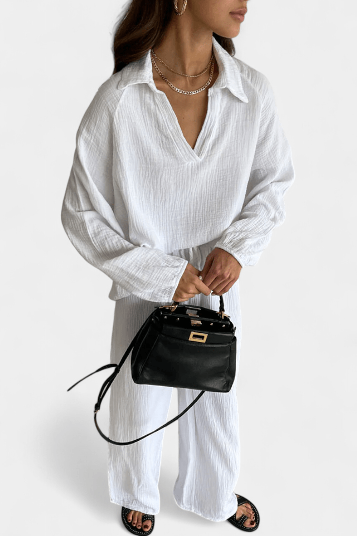 Conjunto de blusa de mangas longas com decote V e pantalona — Bene Donna — imagem 07