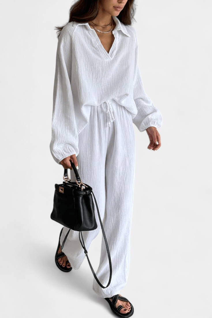 Conjunto de blusa de mangas longas com decote V e pantalona — Bene Donna — imagem 08