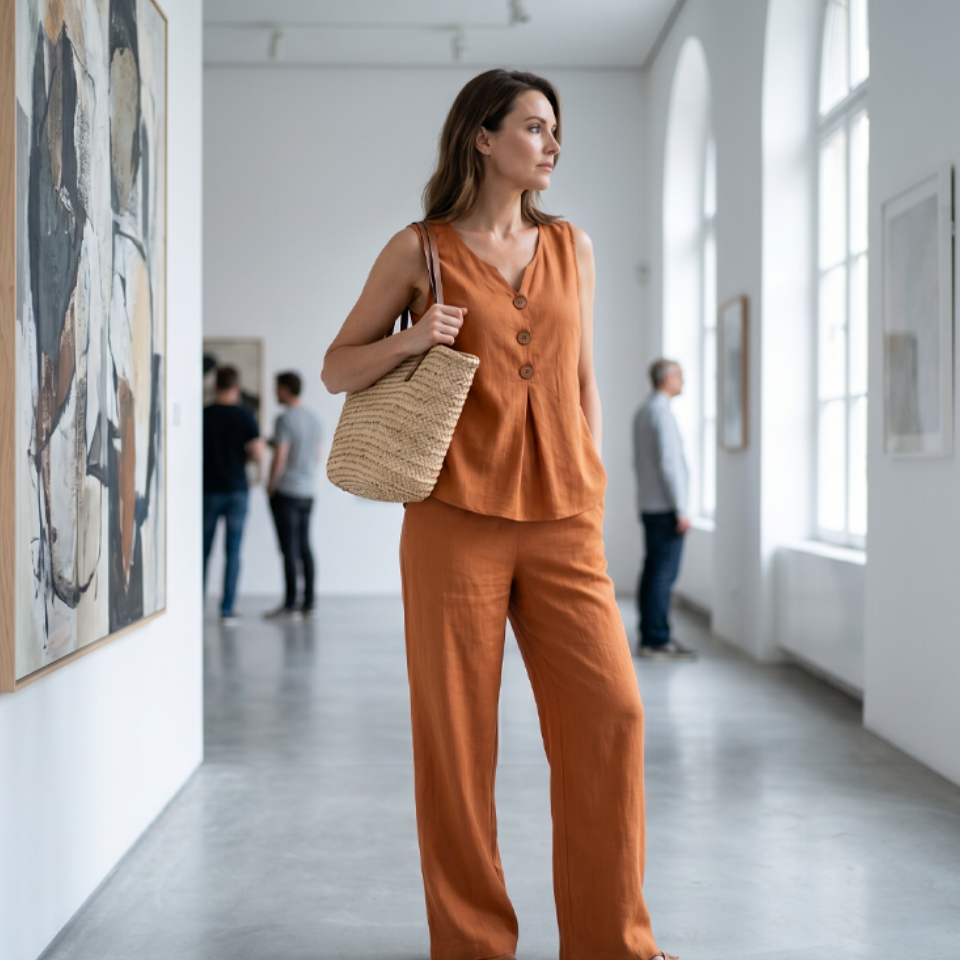 Conjunto de blusa sem mangas com botões e calça ampla — Bene Donna — imagem 10