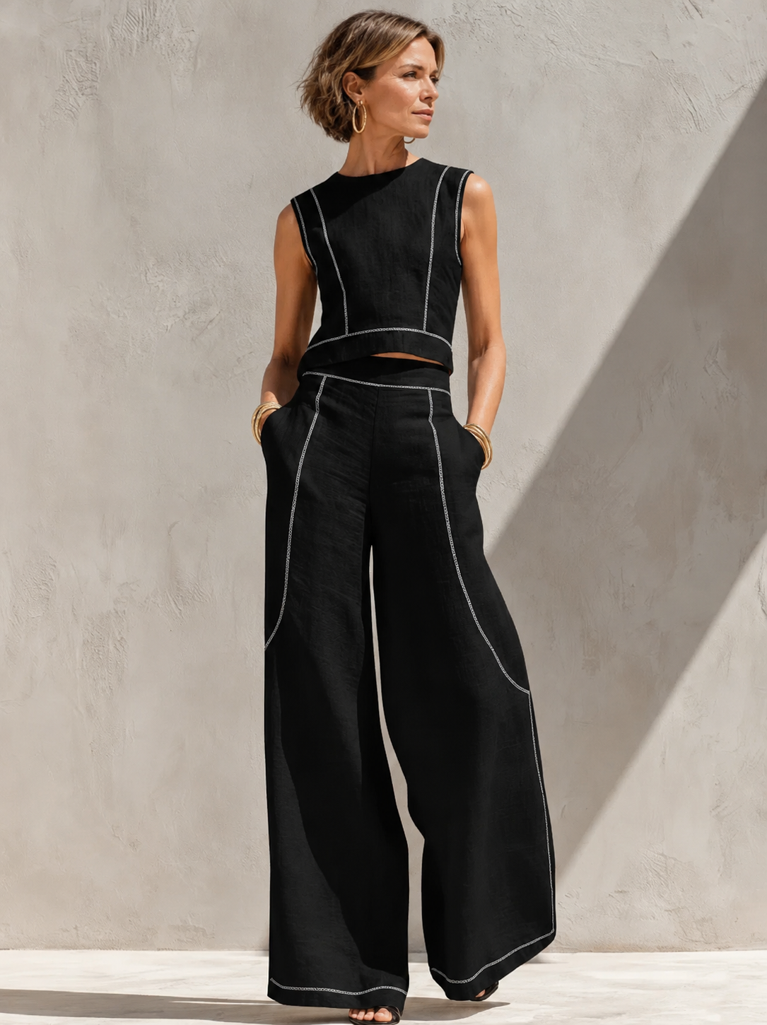 Conjunto de blusa sem mangas e pantalona de caimento fluido — Bene Donna — imagem 01