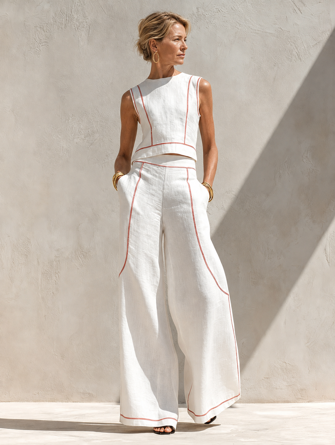 Conjunto de blusa sem mangas e pantalona de caimento fluido — Bene Donna — imagem 02