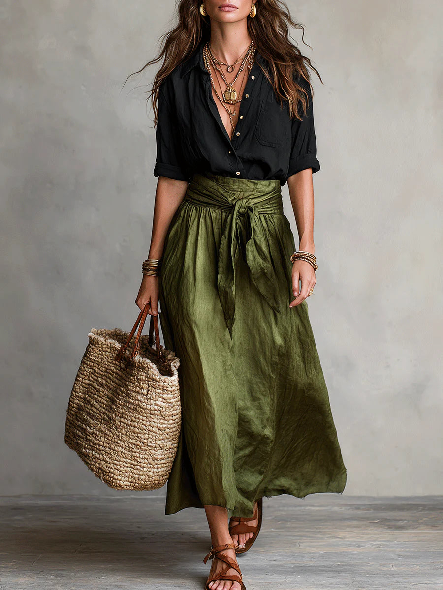 Conjunto de camisa e saia midi com faixa na cintura — Bene Donna — imagem 01