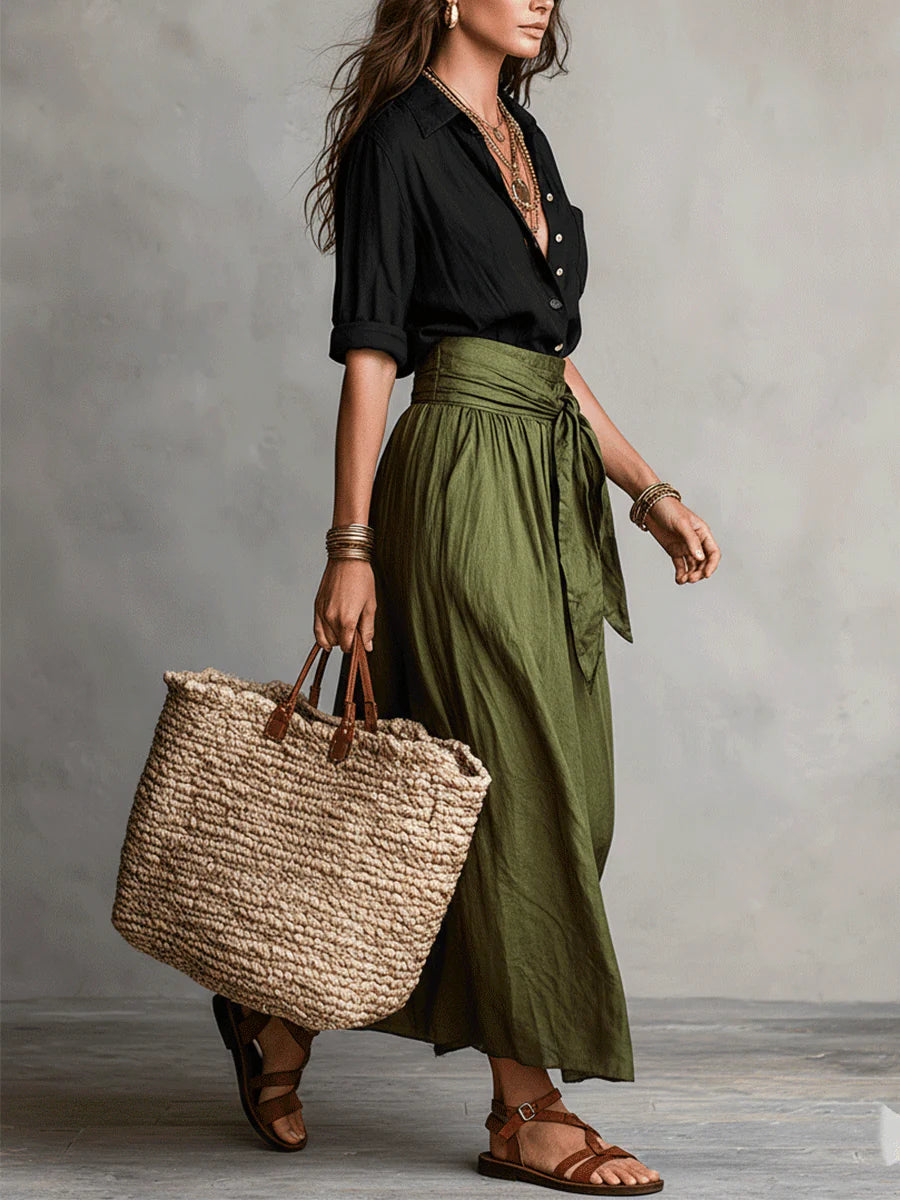 Conjunto de camisa e saia midi com faixa na cintura — Bene Donna — imagem 02