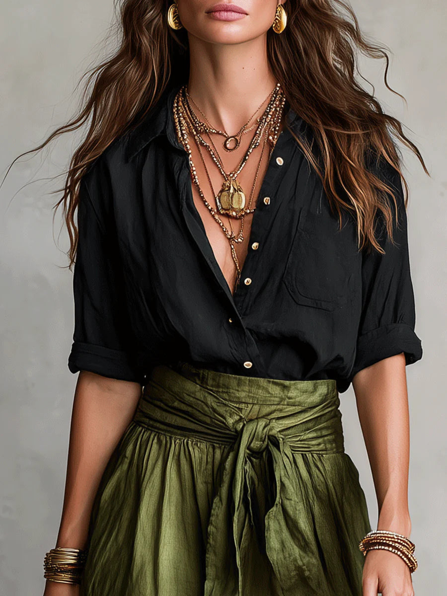 Conjunto de camisa e saia midi com faixa na cintura — Bene Donna — imagem 03