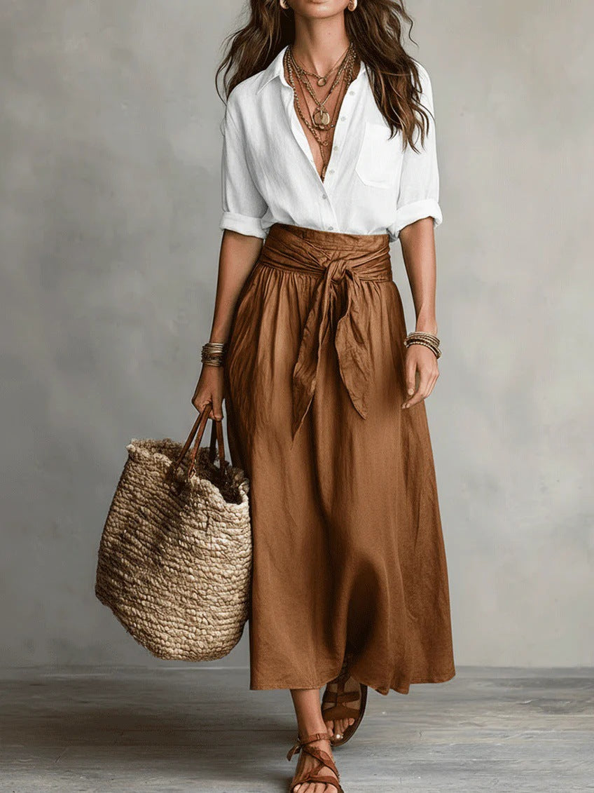 Conjunto de camisa e saia midi com faixa na cintura — Bene Donna — imagem 04