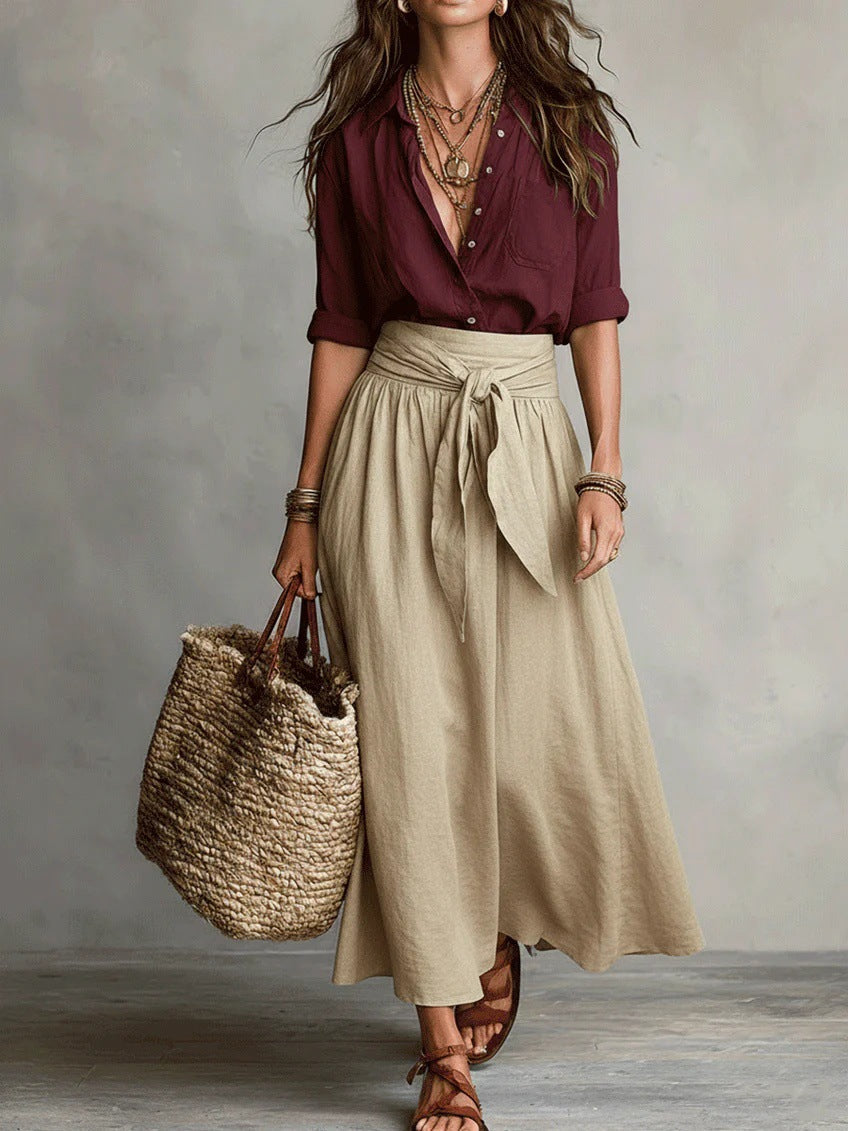 Conjunto de camisa e saia midi com faixa na cintura — Bene Donna — imagem 05