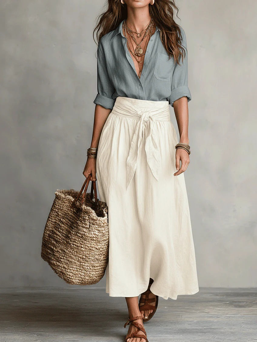 Conjunto de camisa e saia midi com faixa na cintura — Bene Donna — imagem 06