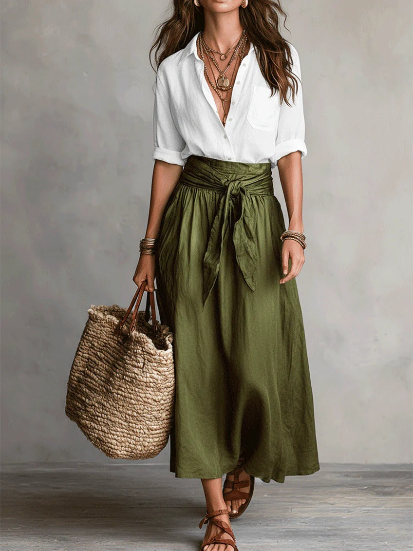Conjunto de camisa e saia midi com faixa na cintura — Bene Donna — imagem 07