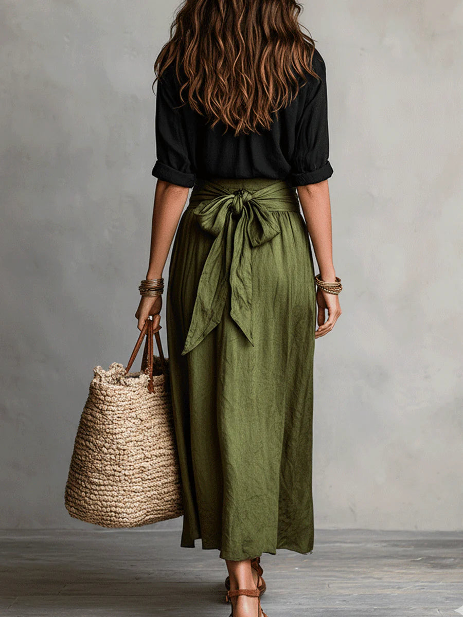 Conjunto de camisa e saia midi com faixa na cintura — Bene Donna — imagem 08