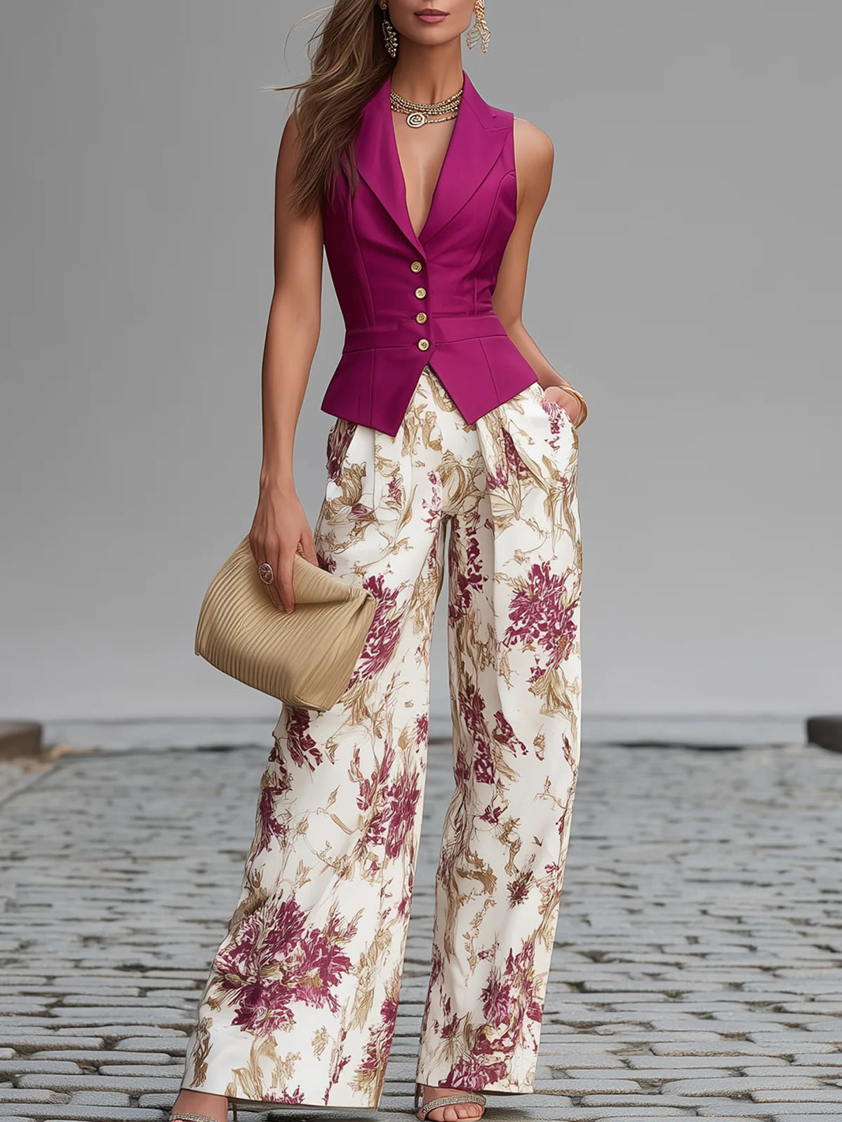 Conjunto de colete acetinado e calça estampada — Bene Donna — imagem 01
