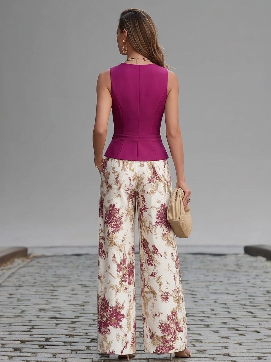 Conjunto de colete acetinado e calça estampada — Bene Donna — imagem 02