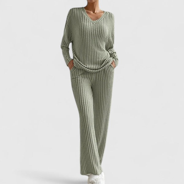 Conjunto de suéter de tricô com decote V e pantalona — Bene Donna — imagem 05