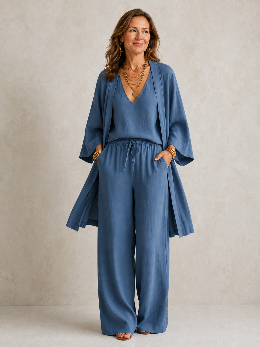 Conjunto de três peças com blusa, sobreposição e pantalona — Bene Donna — imagem 01