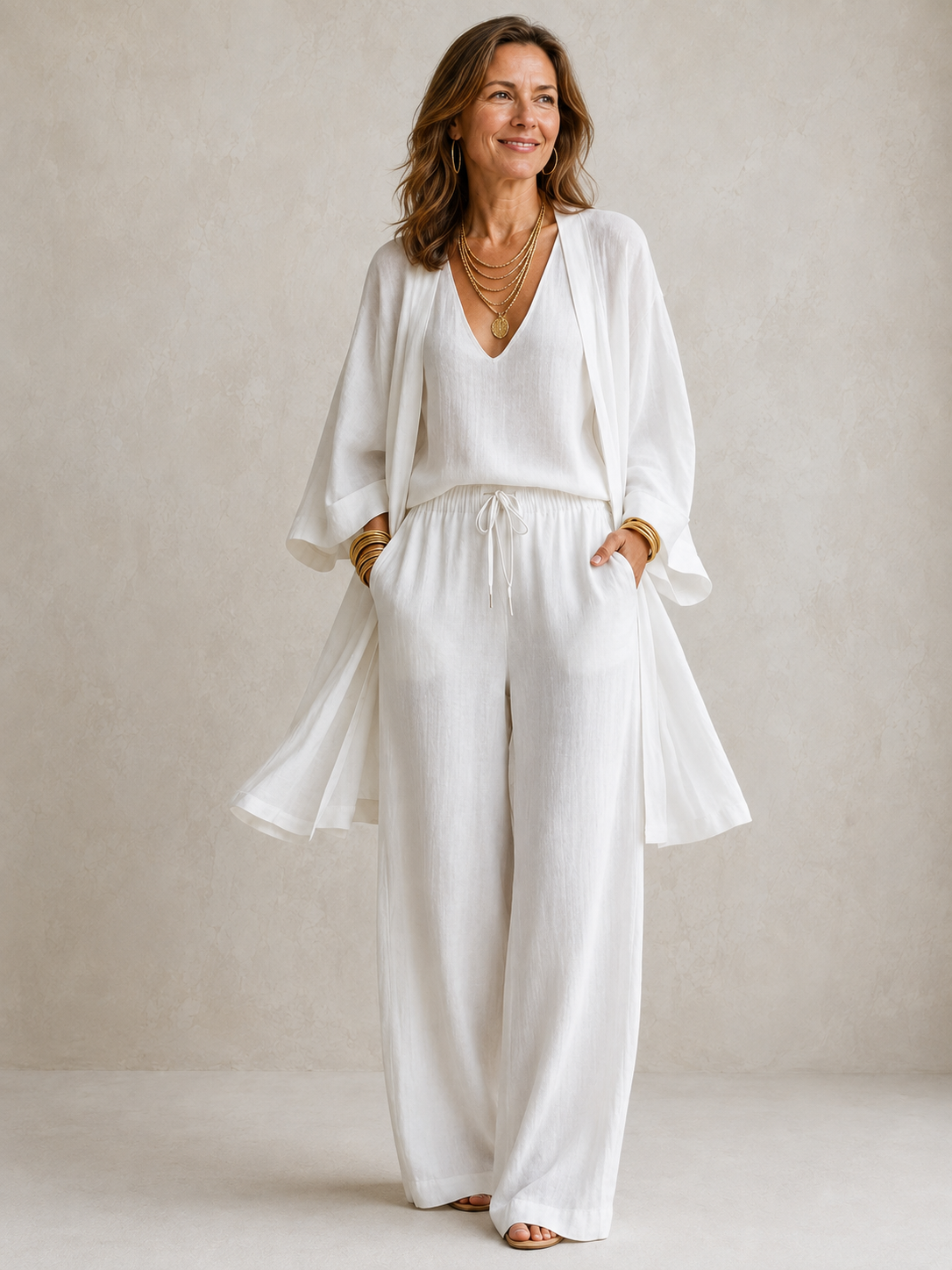 Conjunto de três peças com blusa, sobreposição e pantalona — Bene Donna — imagem 03