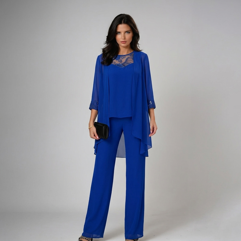 Conjunto de três peças com detalhes de miçangas e pantalona — Bene Donna — imagem 01