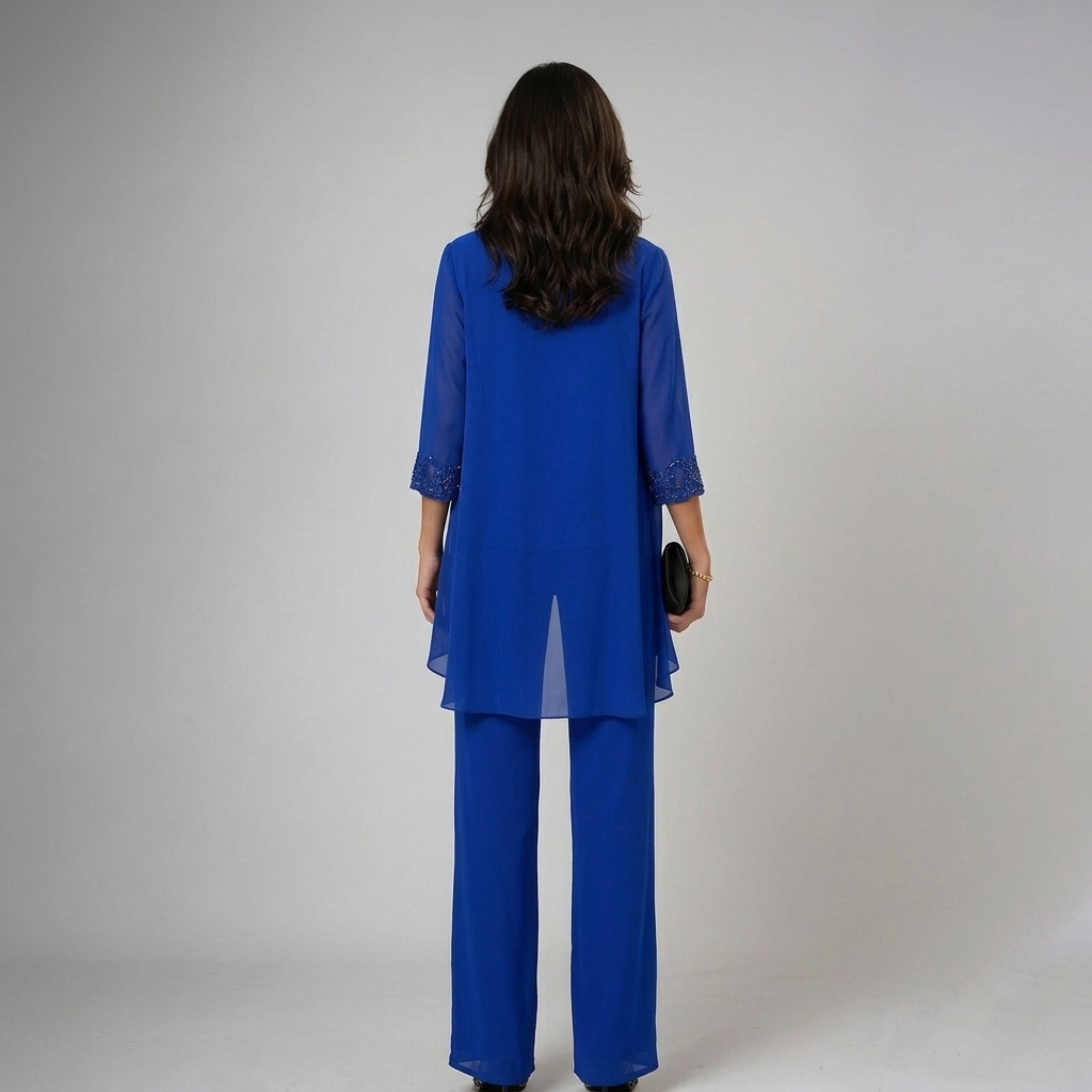 Conjunto de três peças com detalhes de miçangas e pantalona — Bene Donna — imagem 03