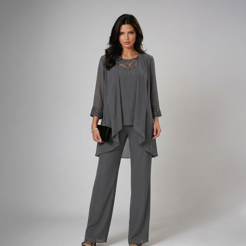 Conjunto de três peças com detalhes de miçangas e pantalona — Bene Donna — imagem 04