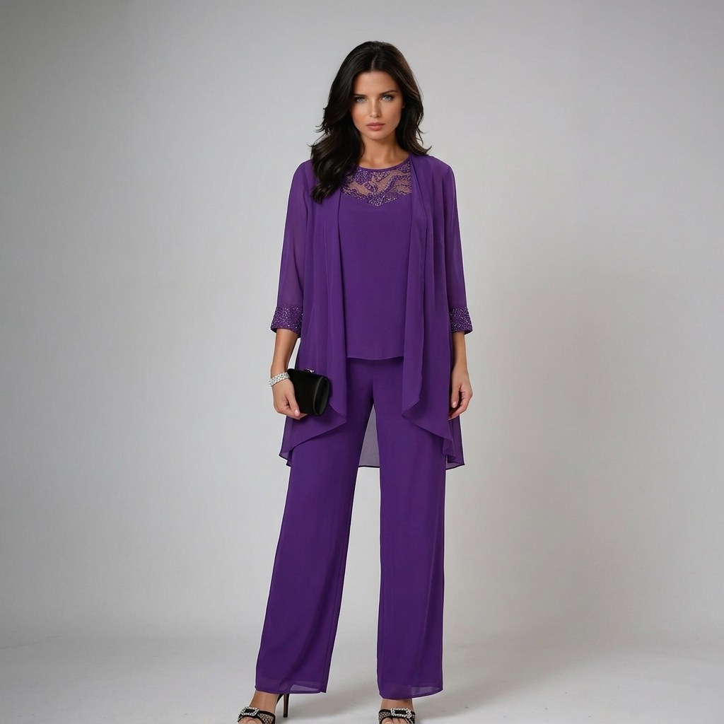 Conjunto de três peças com detalhes de miçangas e pantalona — Bene Donna — imagem 06
