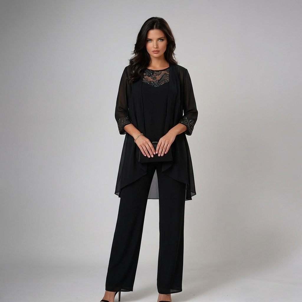 Conjunto de três peças com detalhes de miçangas e pantalona — Bene Donna — imagem 08