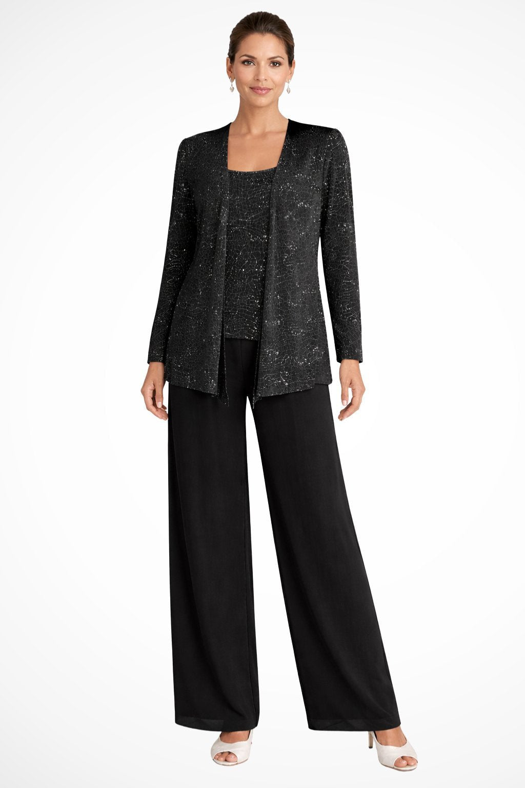 Conjunto de três peças com sobreposição e pantalona fluida — Bene Donna — imagem 05