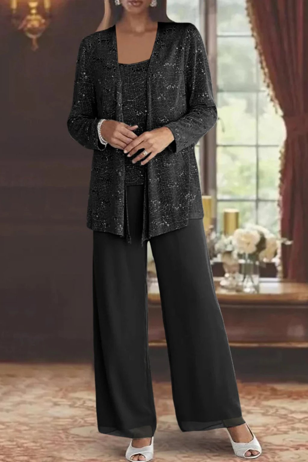 Conjunto de três peças com sobreposição e pantalona fluida — Bene Donna — imagem 06