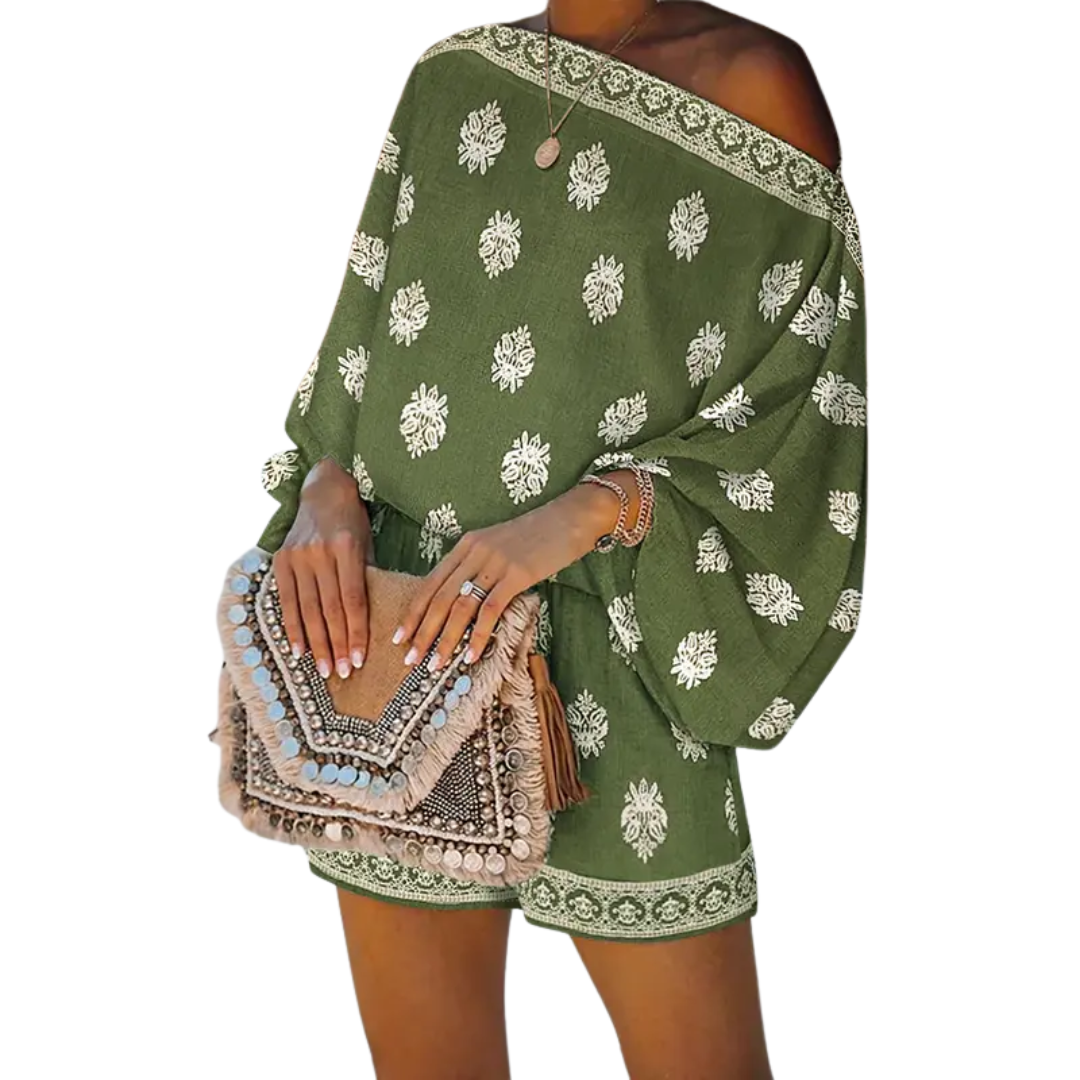 Conjunto estampado de blusa com mangas balonê e shorts — Bene Donna — imagem 02