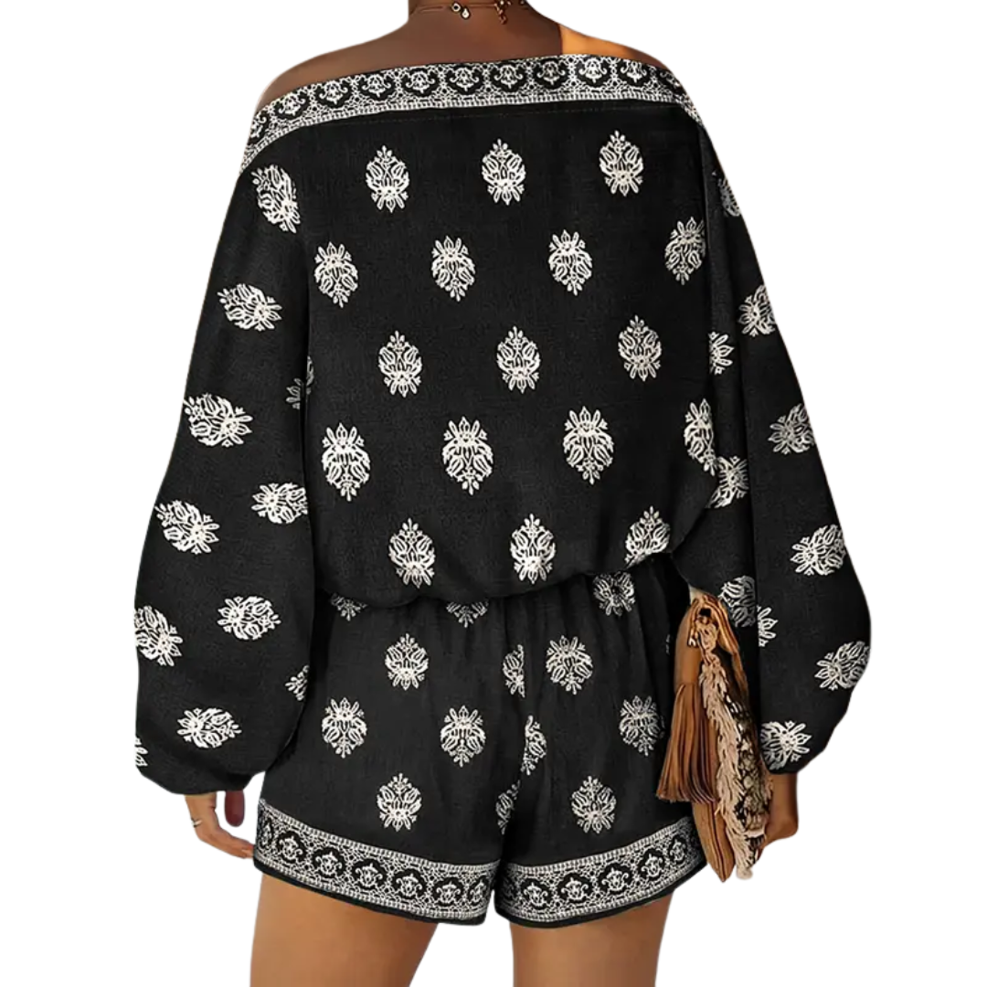 Conjunto estampado de blusa com mangas balonê e shorts — Bene Donna — imagem 05