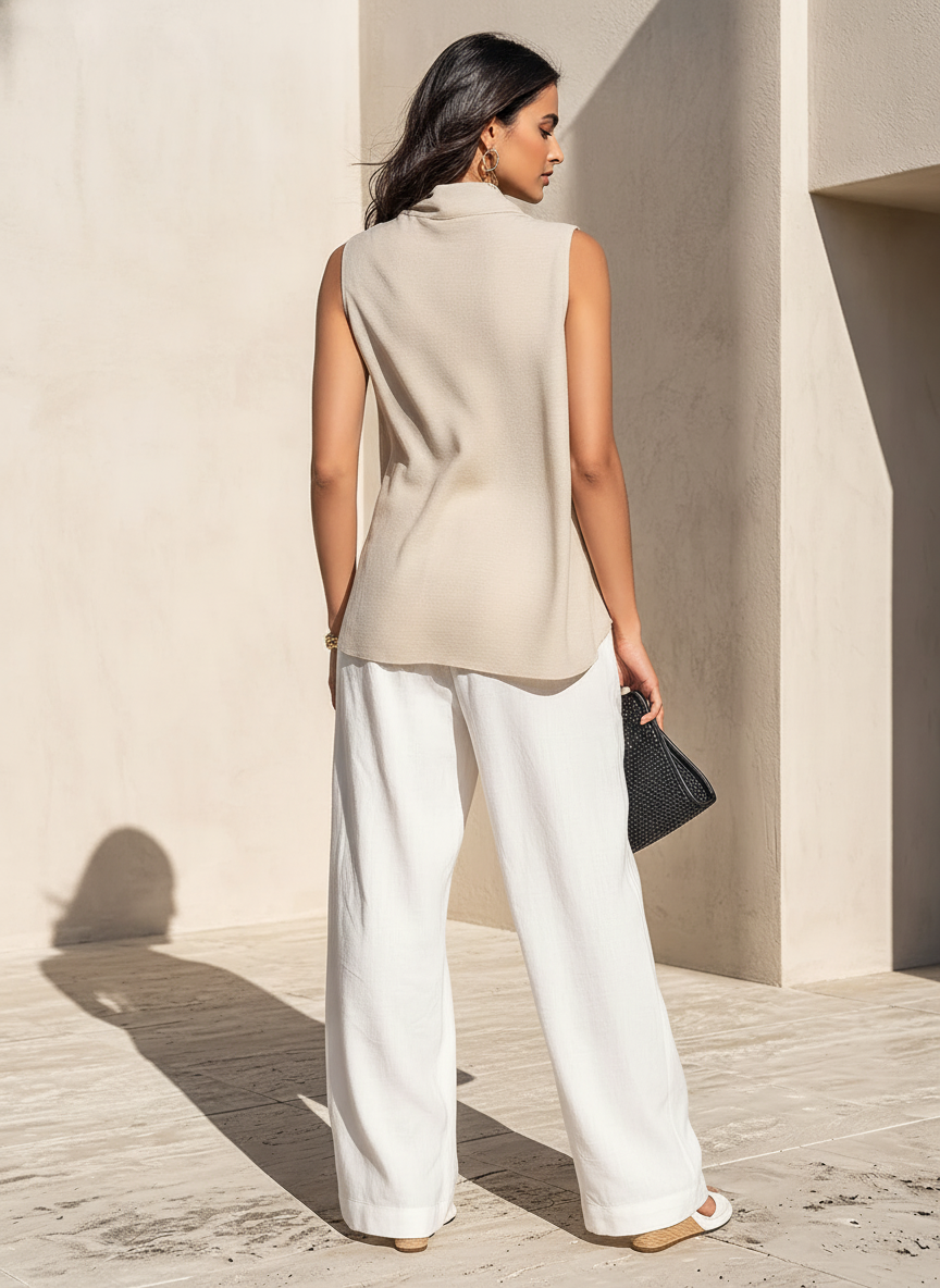 Conjunto feminino de blusa drapeada e pantalona — Bene Donna — imagem 05