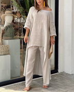 Conjunto feminino de linho com blusa longa e calça — Bene Donna — imagem 02