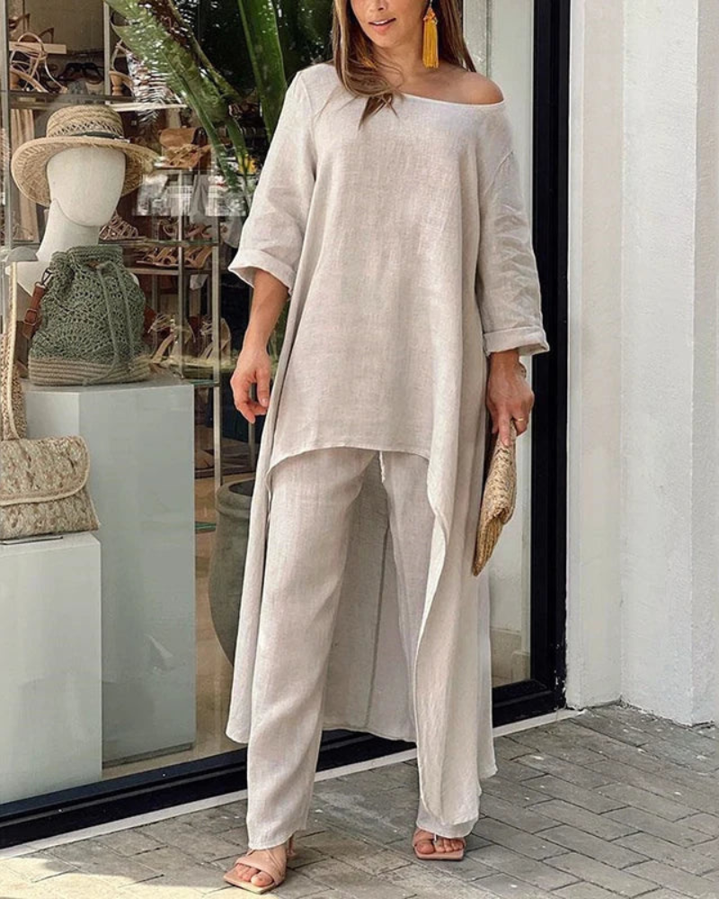 Conjunto feminino de linho com blusa longa e calça — Bene Donna — imagem 02