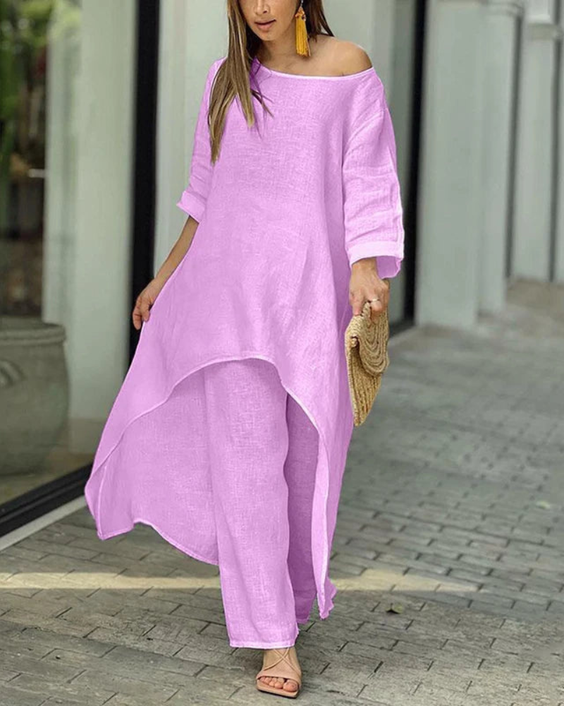 Conjunto feminino de linho com blusa longa e calça — Bene Donna — imagem 03