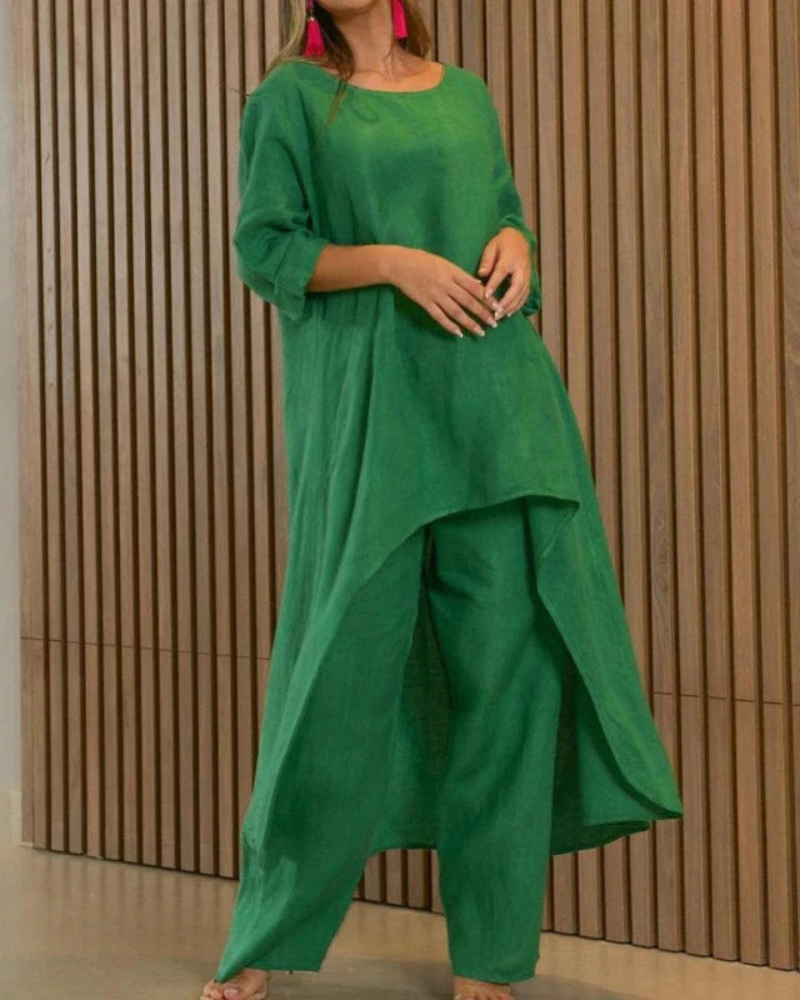 Conjunto feminino de linho com blusa longa e calça — Bene Donna — imagem 05