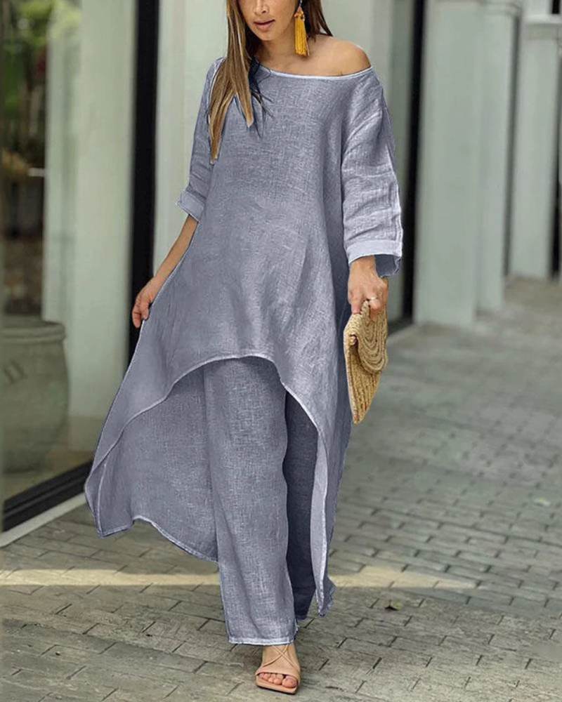 Conjunto feminino de linho com blusa longa e calça — Bene Donna — imagem 06
