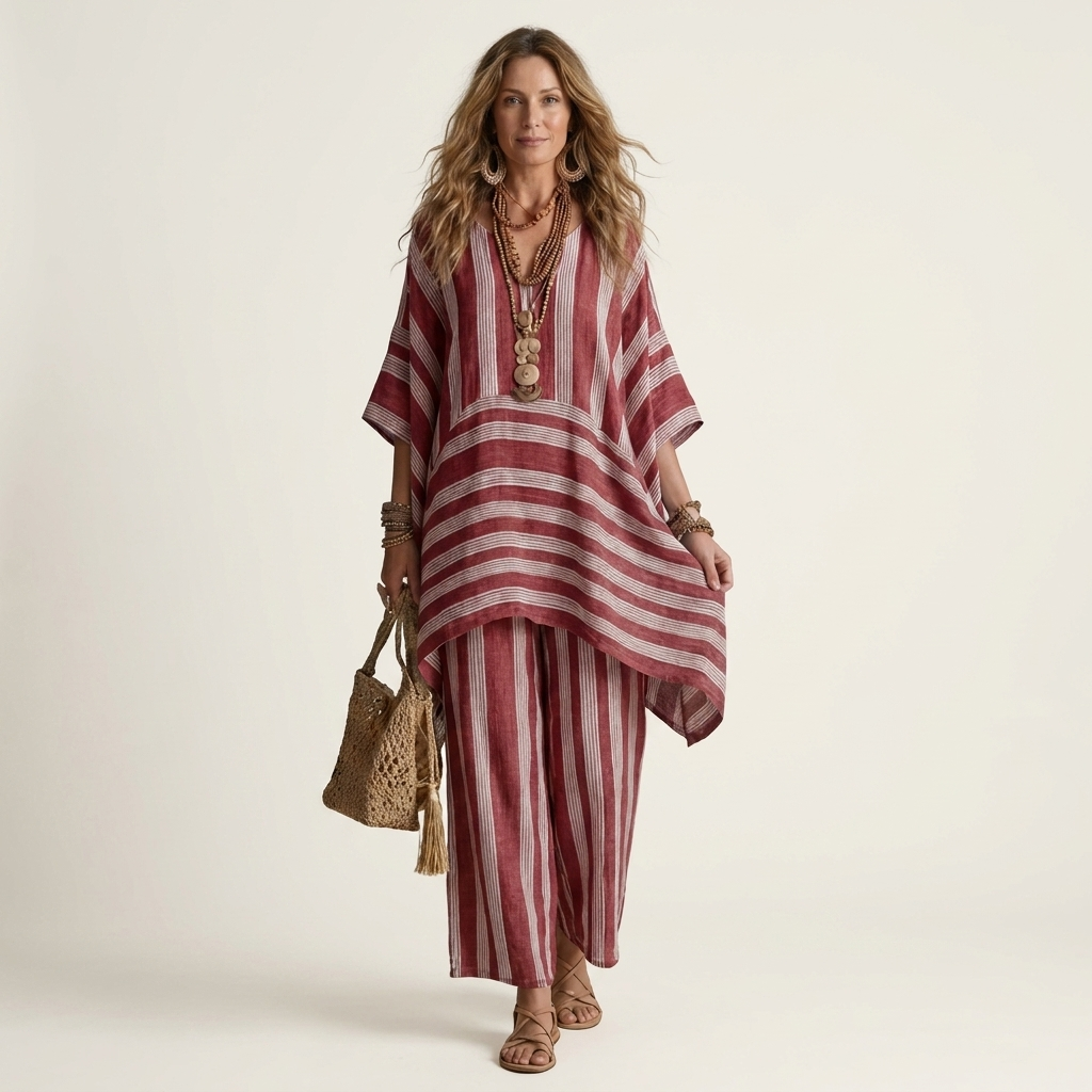 Conjunto listrado de túnica assimétrica e pantalona — Bene Donna — imagem 01