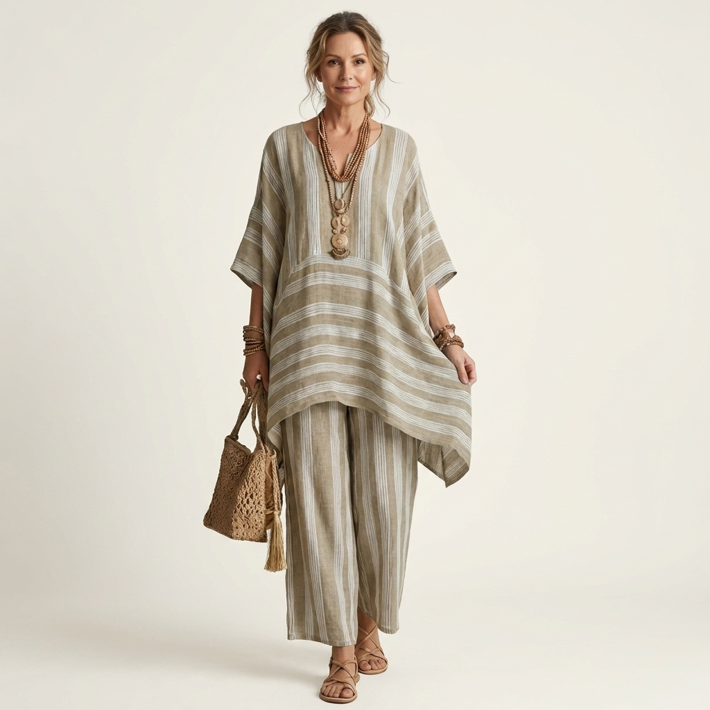 Conjunto listrado de túnica assimétrica e pantalona — Bene Donna — imagem 03