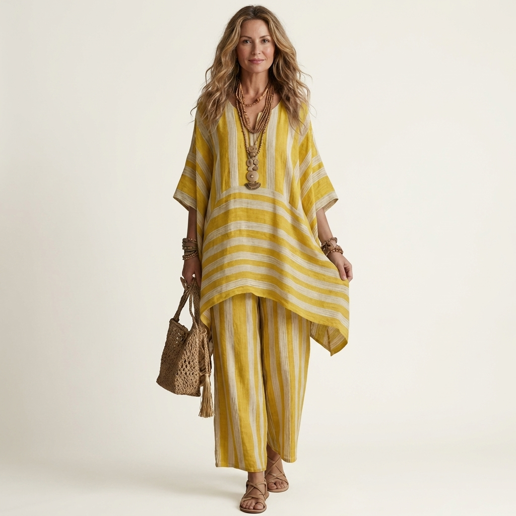 Conjunto listrado de túnica assimétrica e pantalona — Bene Donna — imagem 05