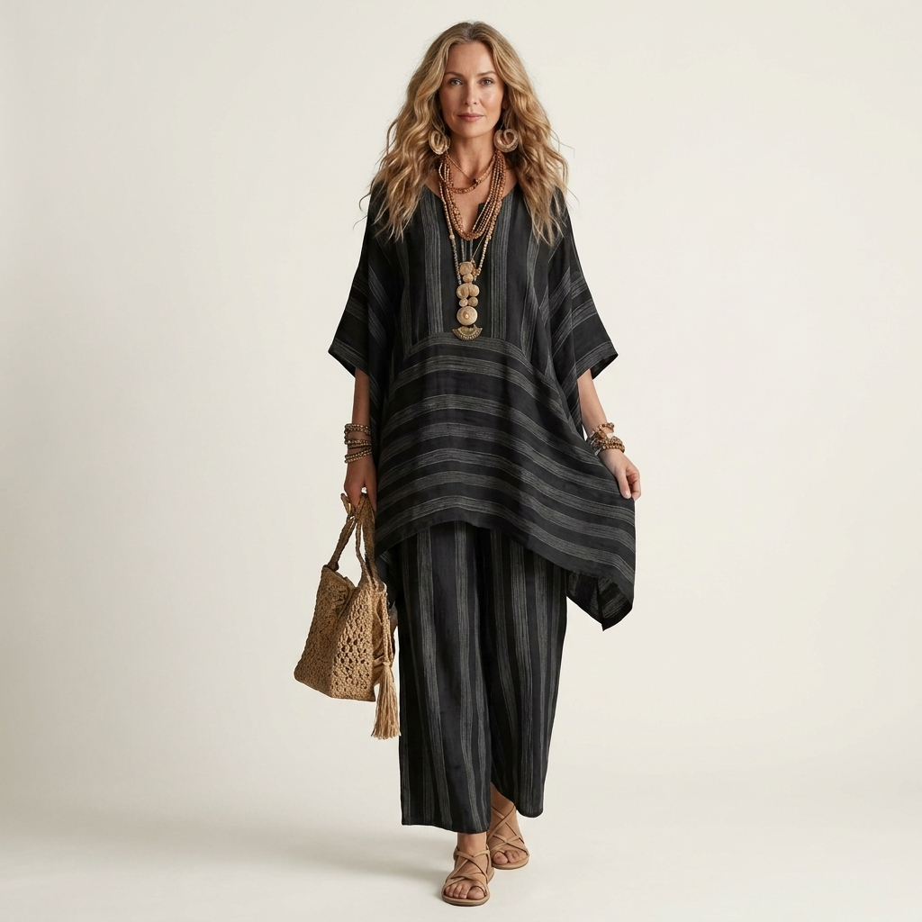 Conjunto listrado de túnica assimétrica e pantalona — Bene Donna — imagem 09